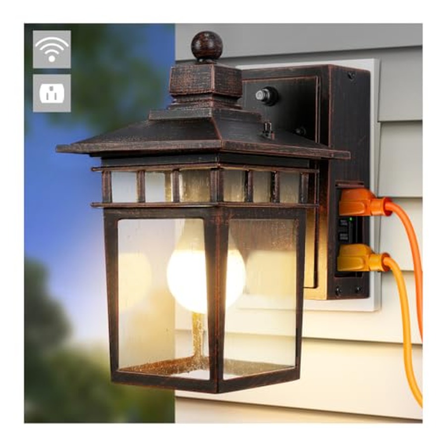 Solar Wall Sconce - GFCI 콘센트가 있는 야외 조명, 황혼부터